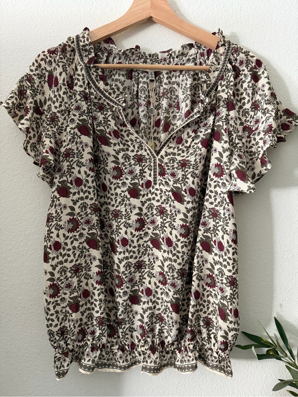 Max Studio Cream Blouse with Burgundy Floral Print